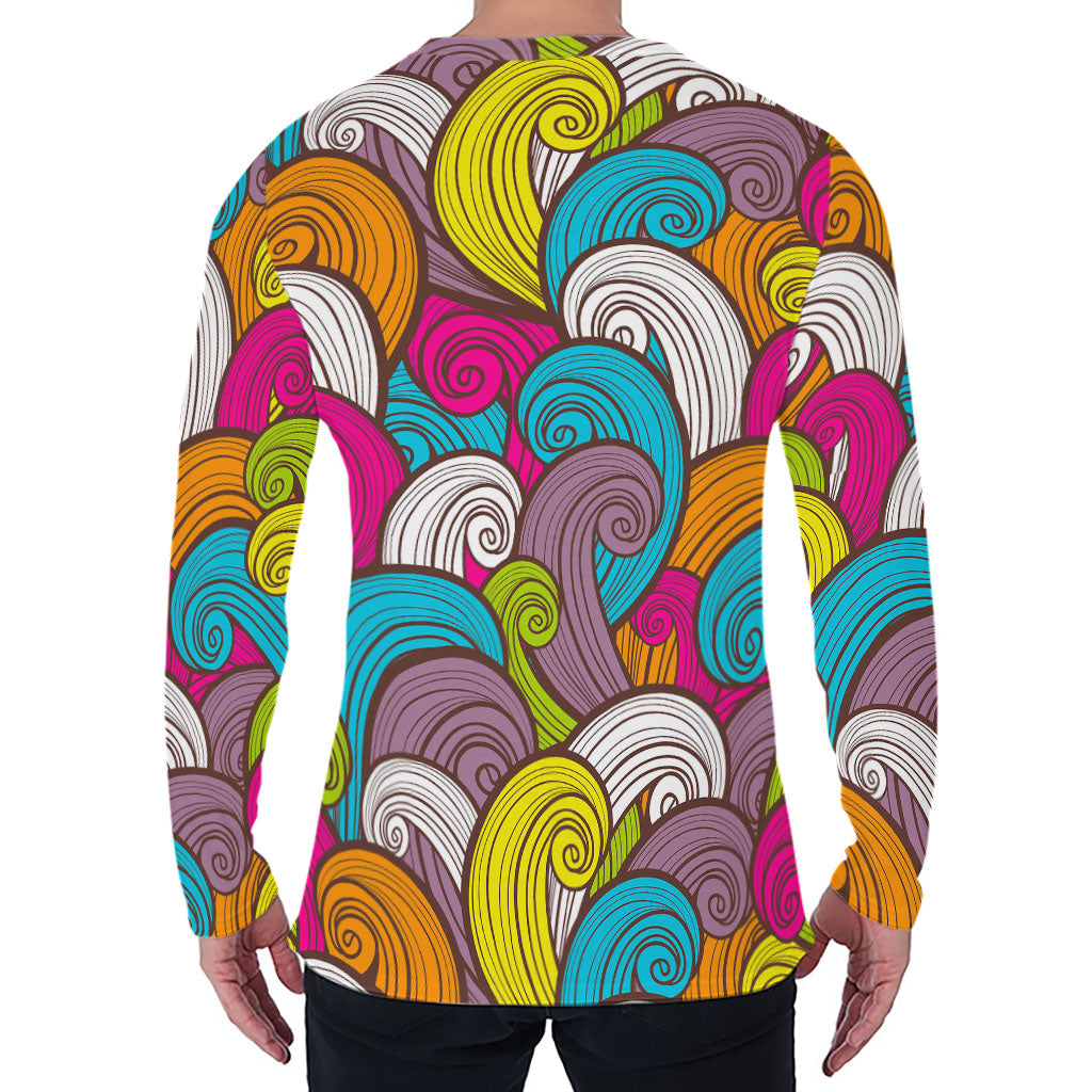 Colorful Surfing Wave Pattern Print Men's Long Sleeve T-Shirt