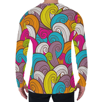 Colorful Surfing Wave Pattern Print Men's Long Sleeve T-Shirt
