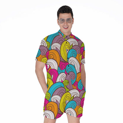 Colorful Surfing Wave Pattern Print Men's Rompers