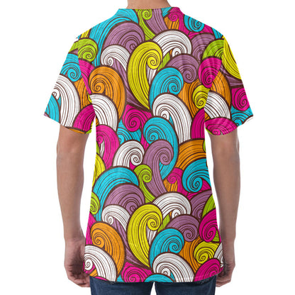Colorful Surfing Wave Pattern Print Men's Velvet T-Shirt