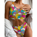 Colorful Surfing Wave Pattern Print One Shoulder Bikini Set