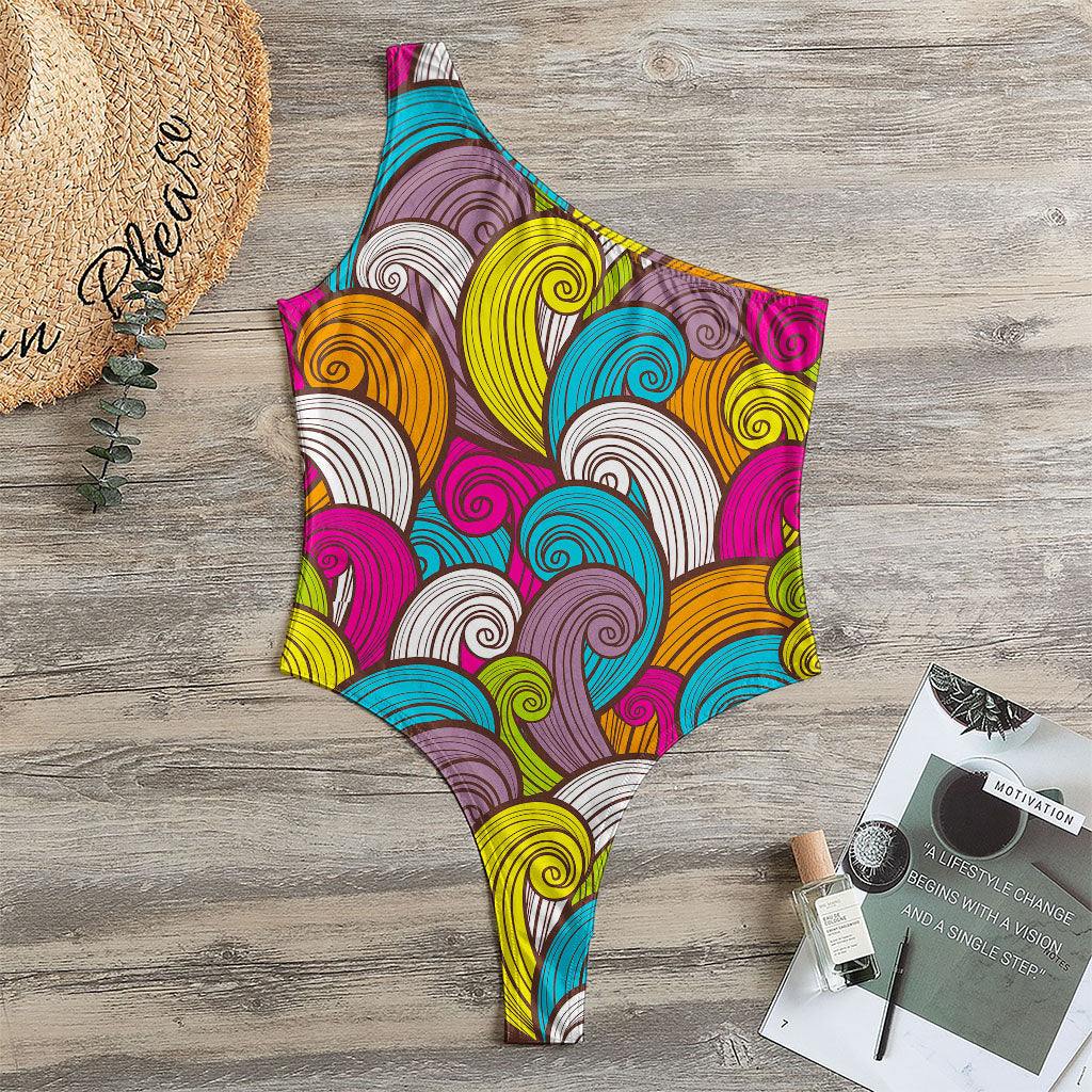 Colorful Surfing Wave Pattern Print One Shoulder Bodysuit