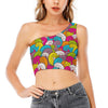 Colorful Surfing Wave Pattern Print One Shoulder Crop Top