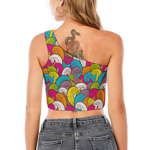 Colorful Surfing Wave Pattern Print One Shoulder Crop Top