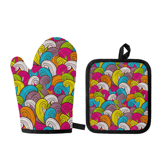 Colorful Surfing Wave Pattern Print Oven Mitt And Pot Holder Set