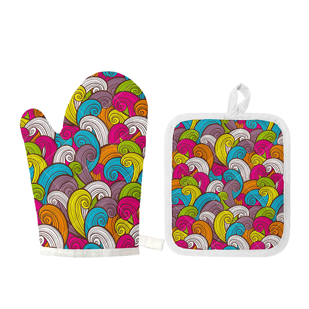 Colorful Surfing Wave Pattern Print Oven Mitt And Pot Holder Set
