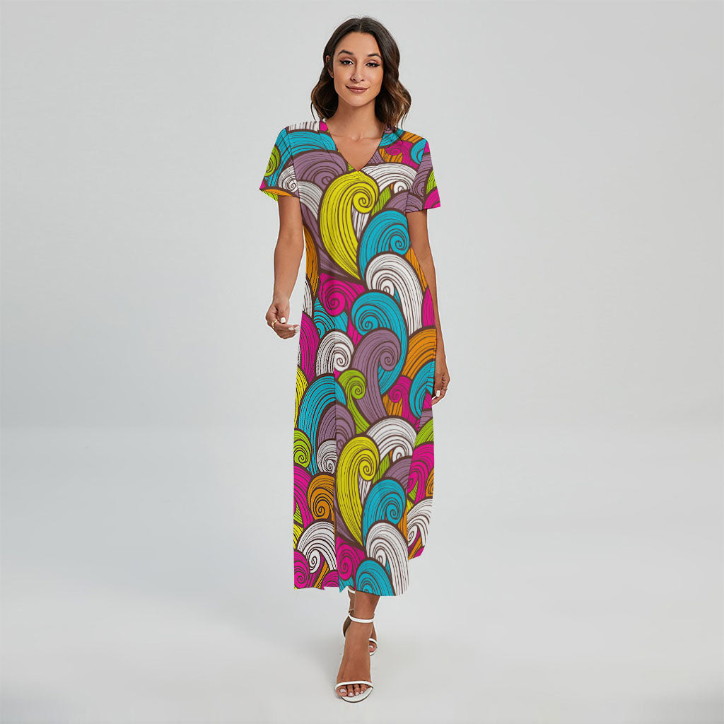 Colorful Surfing Wave Pattern Print Short Sleeve Maxi Dress