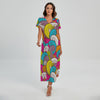 Colorful Surfing Wave Pattern Print Short Sleeve Maxi Dress