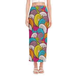 Colorful Surfing Wave Pattern Print Side Slit Maxi Skirt