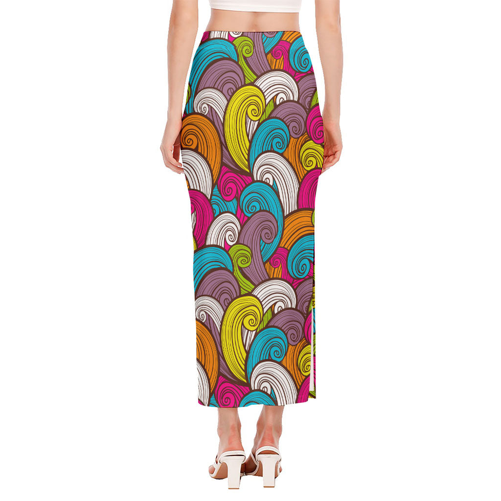 Colorful Surfing Wave Pattern Print Side Slit Maxi Skirt