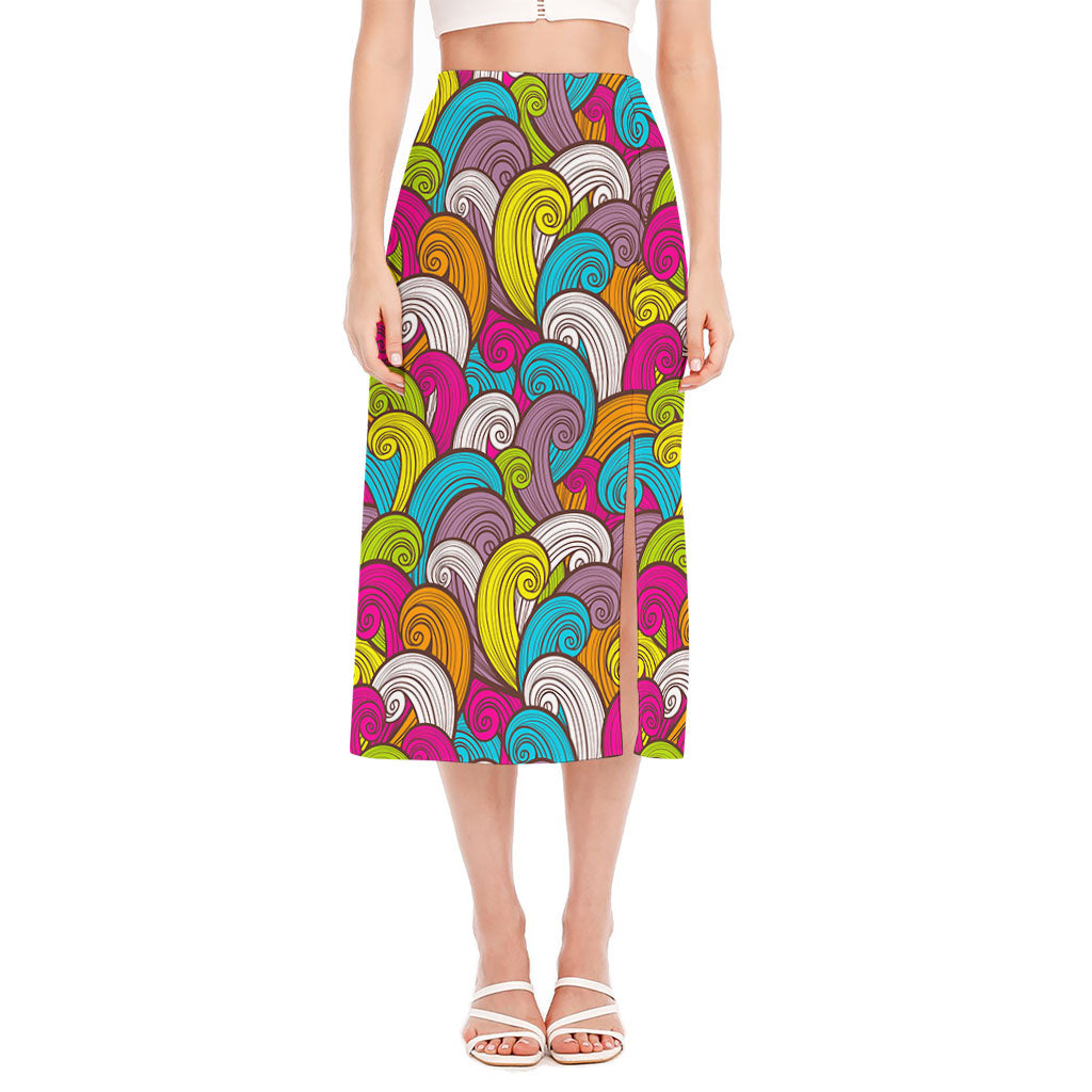 Colorful Surfing Wave Pattern Print Side Slit Midi Skirt