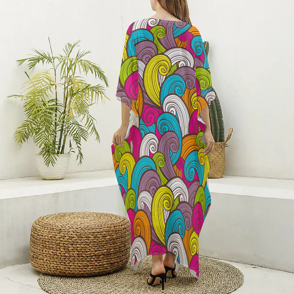 Colorful Surfing Wave Pattern Print Silk V-Neck Kaftan Dress