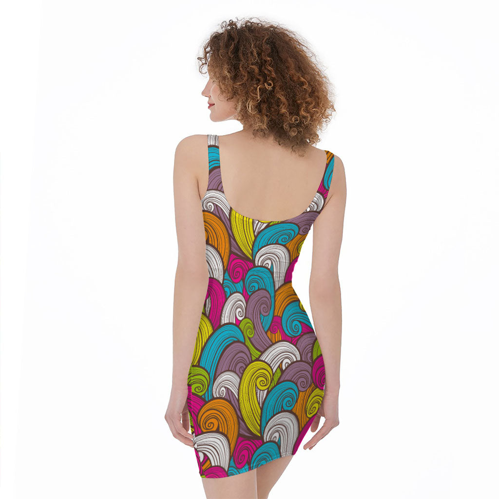 Colorful Surfing Wave Pattern Print Sleeveless Bodycon Dress