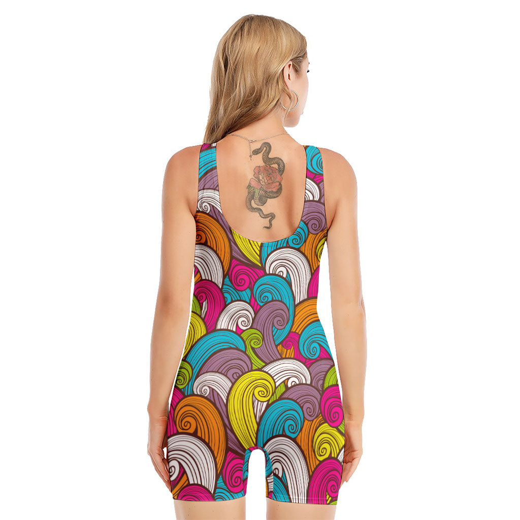 Colorful Surfing Wave Pattern Print Sleeveless One Piece Swimsuit