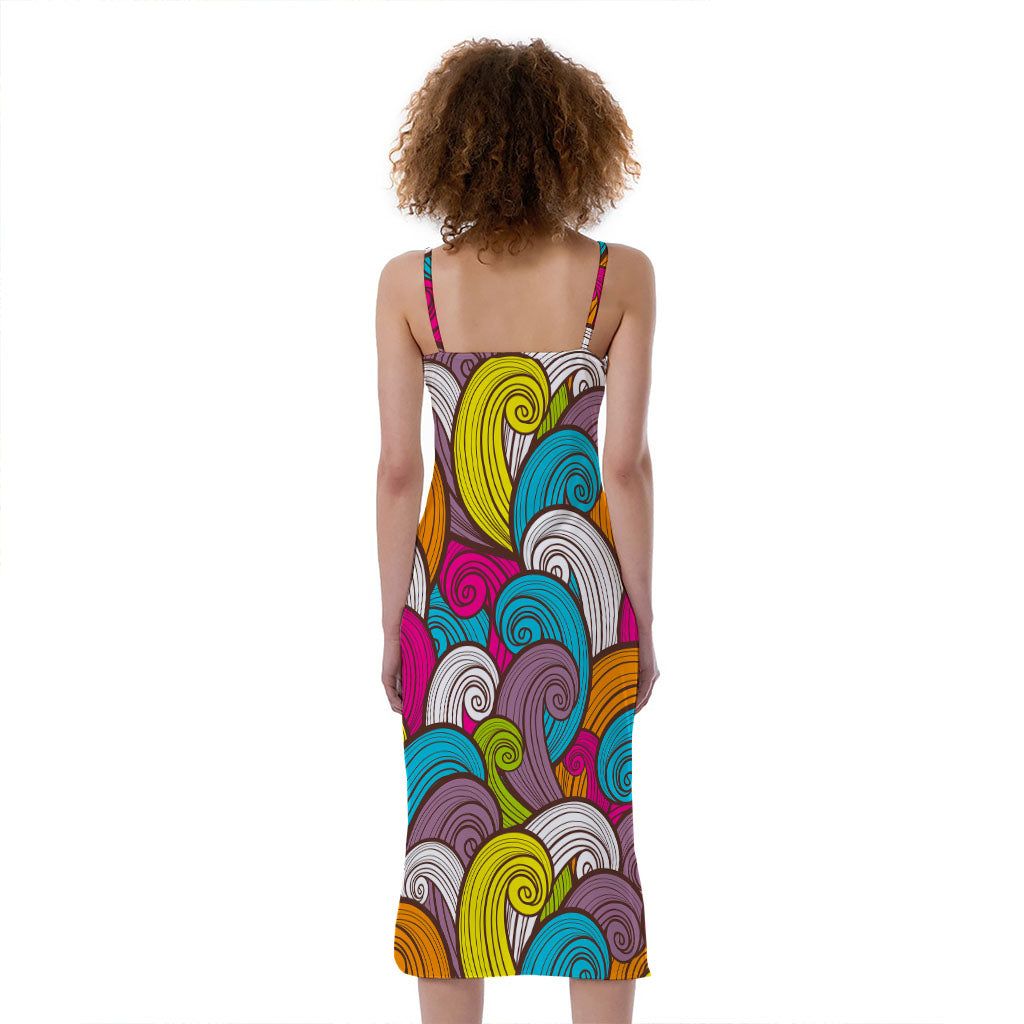 Colorful Surfing Wave Pattern Print Slim Fit Midi Cami Dress