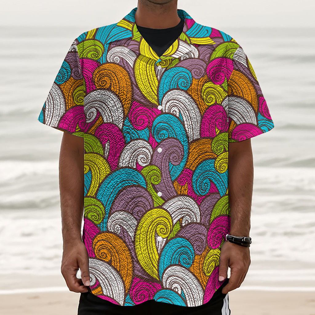 Colorful Surfing Wave Pattern Print Textured Short Sleeve Shirt