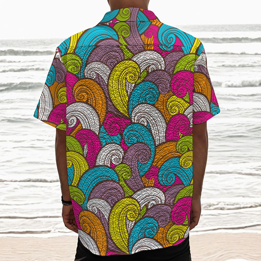 Colorful Surfing Wave Pattern Print Textured Short Sleeve Shirt