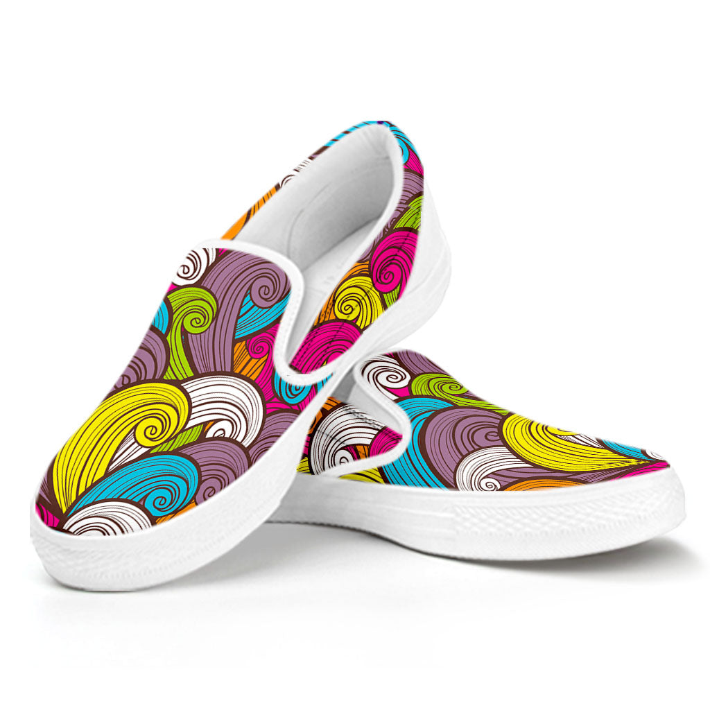 Colorful Surfing Wave Pattern Print White Slip On Sneakers