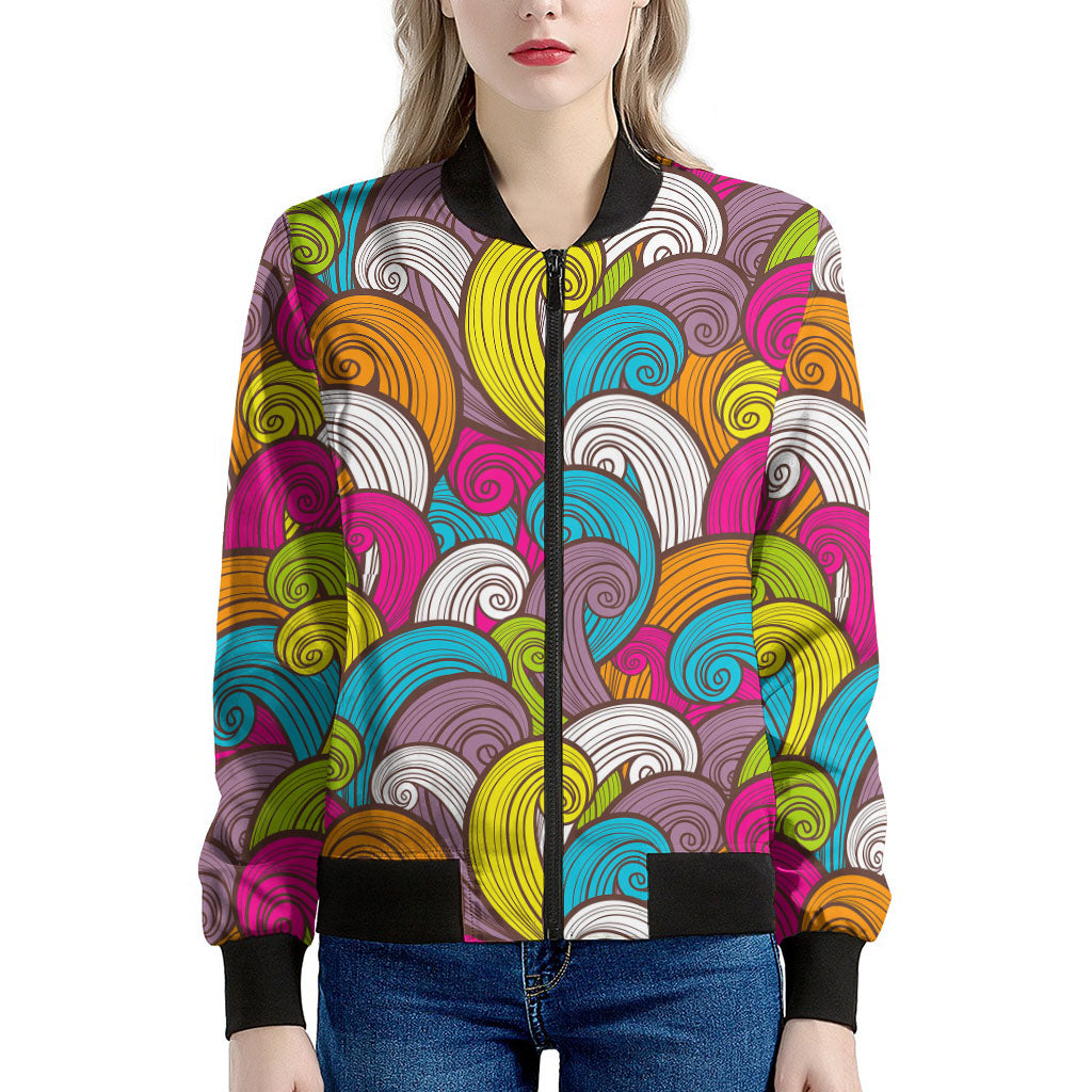 Colorful Surfing Wave Pattern Print Women's Bomber Jacket
