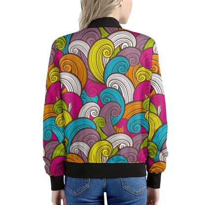 Colorful Surfing Wave Pattern Print Women's Bomber Jacket