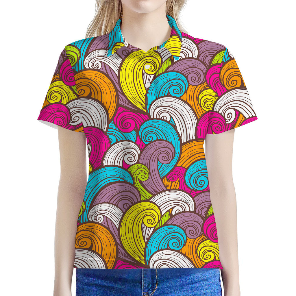 Colorful Surfing Wave Pattern Print Women's Polo Shirt