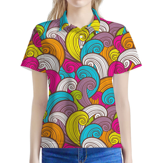 Colorful Surfing Wave Pattern Print Women's Polo Shirt