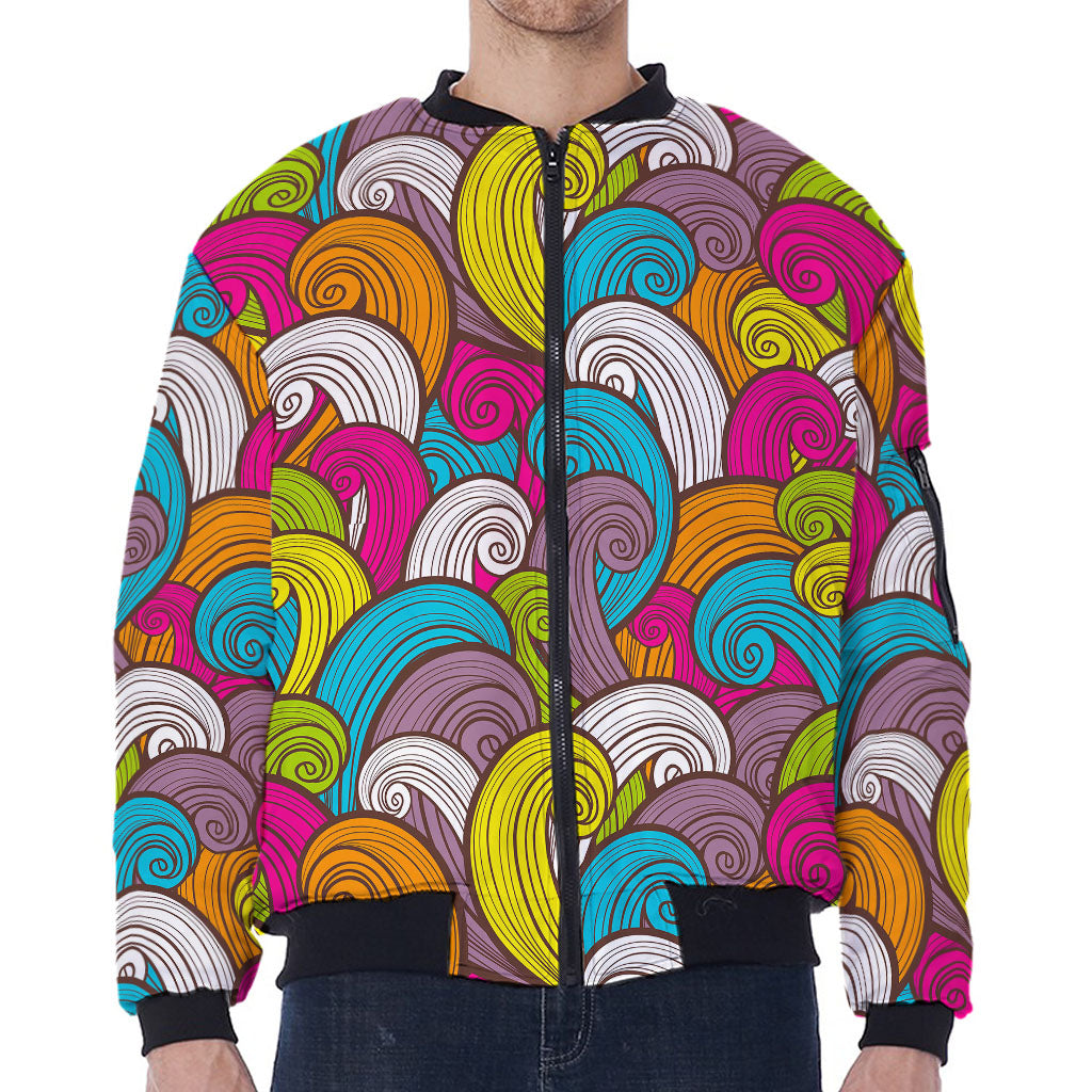 Colorful Surfing Wave Pattern Print Zip Sleeve Bomber Jacket