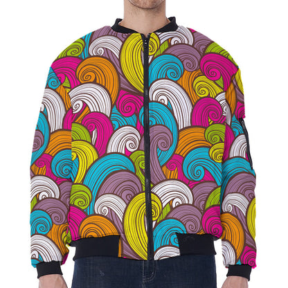 Colorful Surfing Wave Pattern Print Zip Sleeve Bomber Jacket