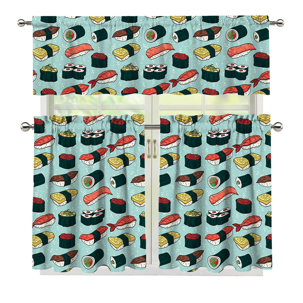 Colorful Sushi And Rolls Pattern Print 3 Piece Kitchen Curtains