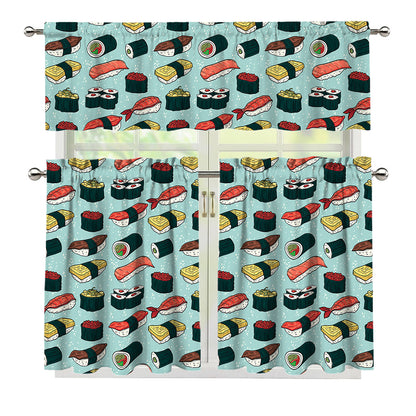 Colorful Sushi And Rolls Pattern Print 3 Piece Kitchen Curtains