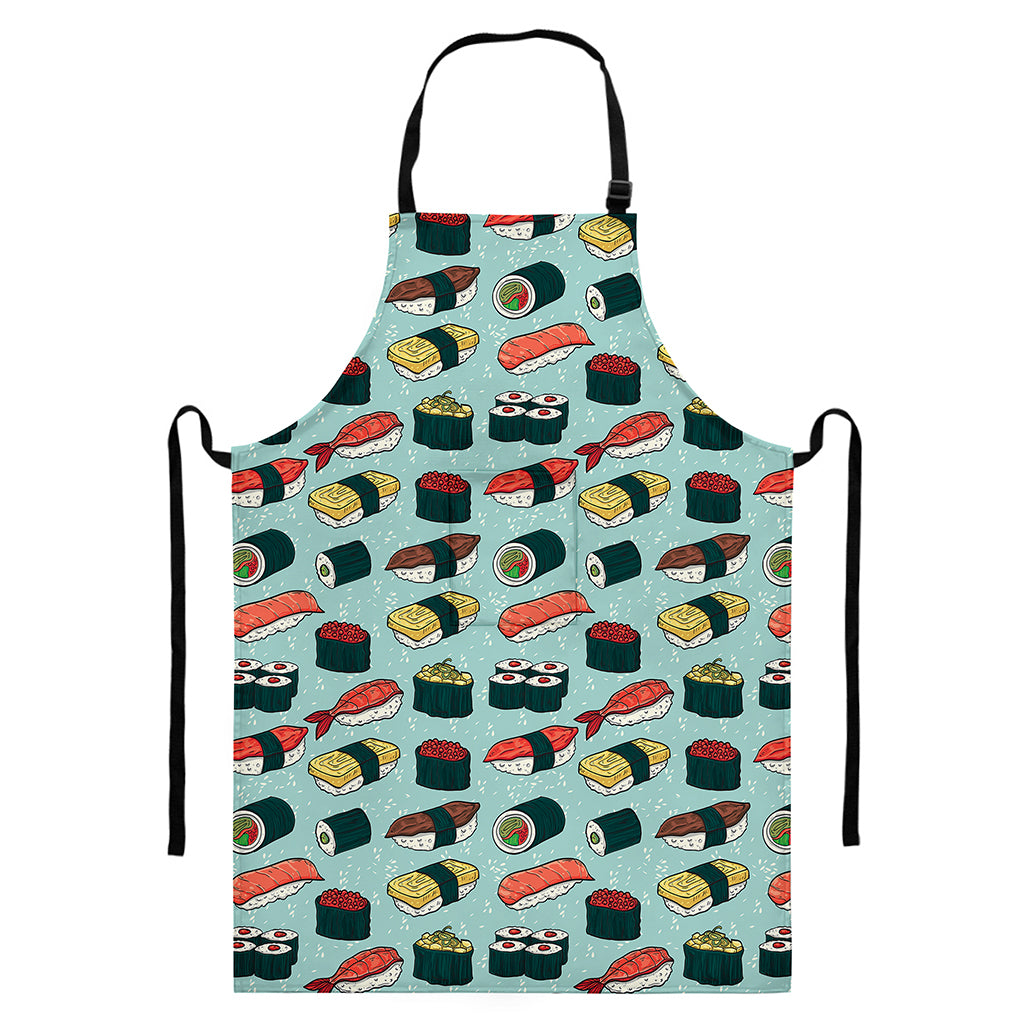 Colorful Sushi And Rolls Pattern Print Bib Apron With Pocket