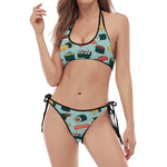 Colorful Sushi And Rolls Pattern Print Halter Scoop Tie Side Bikini