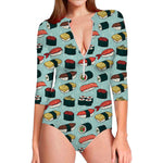 Colorful Sushi And Rolls Pattern Print Long Sleeve Swimsuit