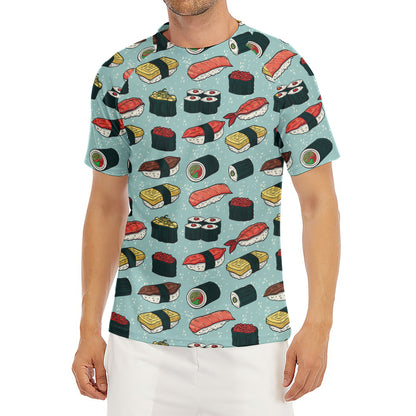 Colorful Sushi And Rolls Pattern Print Men's Short Sleeve Rash Guard