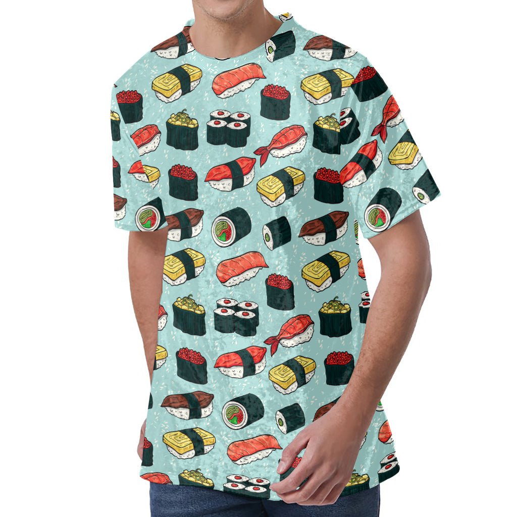 Colorful Sushi And Rolls Pattern Print Men's Velvet T-Shirt