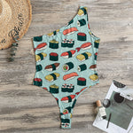 Colorful Sushi And Rolls Pattern Print One Shoulder Bodysuit