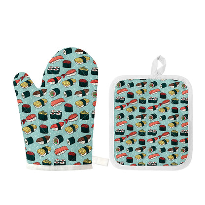 Colorful Sushi And Rolls Pattern Print Oven Mitt And Pot Holder Set