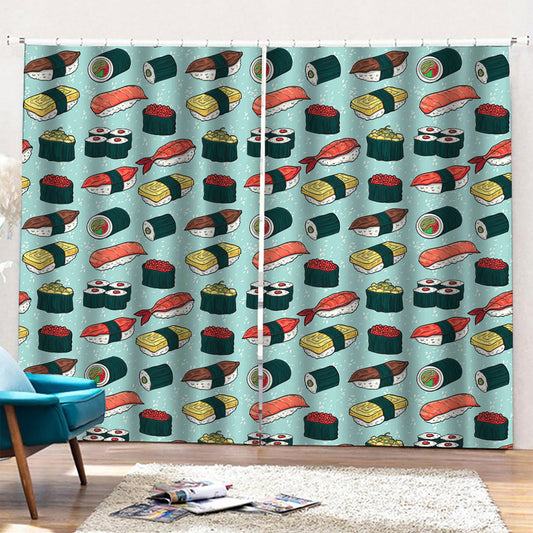 Colorful Sushi And Rolls Pattern Print Pencil Pleat Curtains