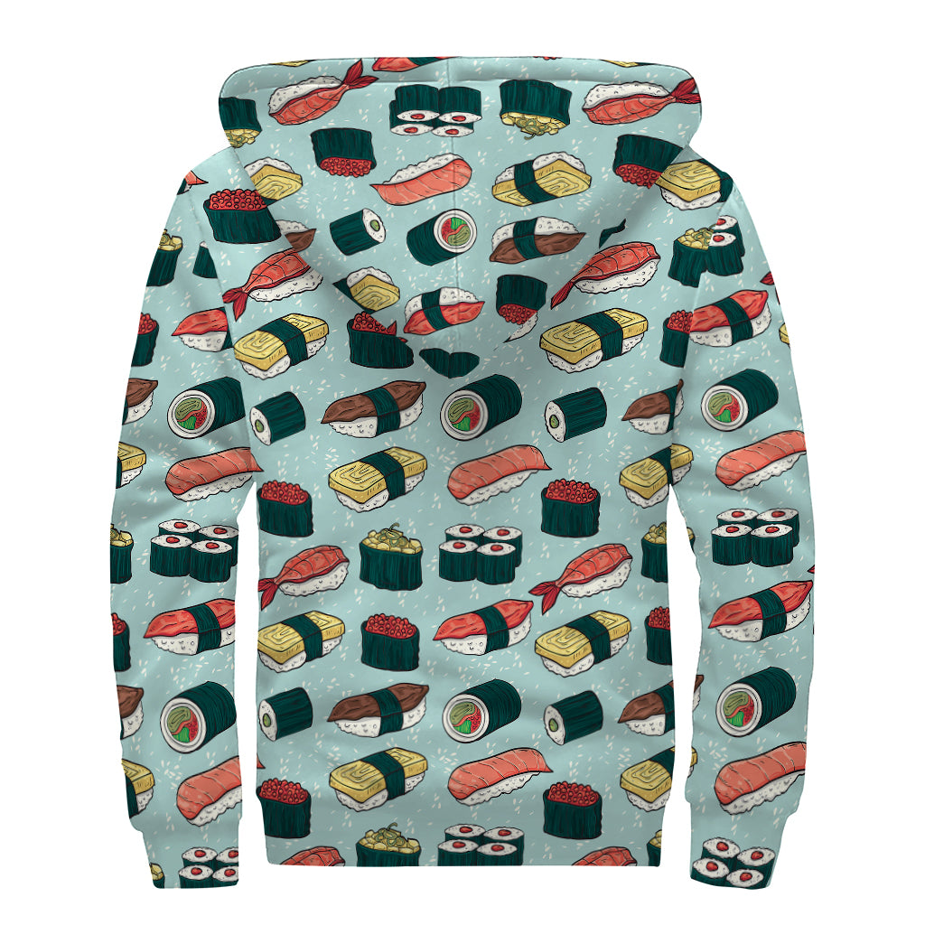Colorful Sushi And Rolls Pattern Print Sherpa Lined Zip Up Hoodie