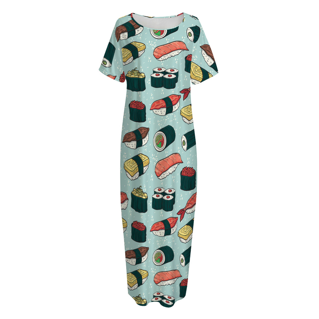 Colorful Sushi And Rolls Pattern Print Short Sleeve Long Nightdress