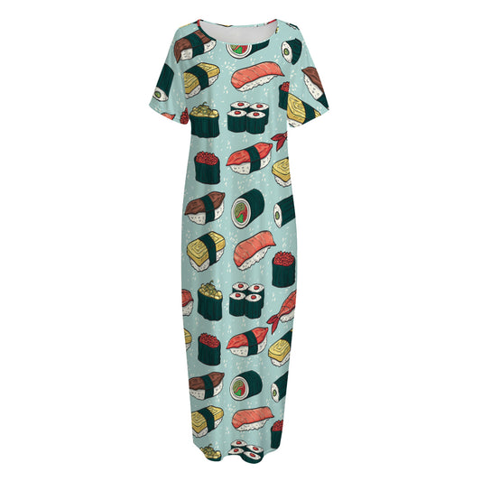 Colorful Sushi And Rolls Pattern Print Short Sleeve Long Nightdress