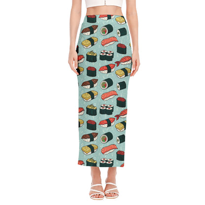 Colorful Sushi And Rolls Pattern Print Side Slit Maxi Skirt