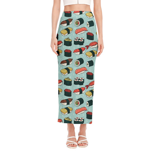 Colorful Sushi And Rolls Pattern Print Side Slit Maxi Skirt