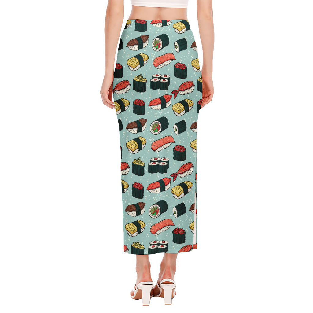 Colorful Sushi And Rolls Pattern Print Side Slit Maxi Skirt