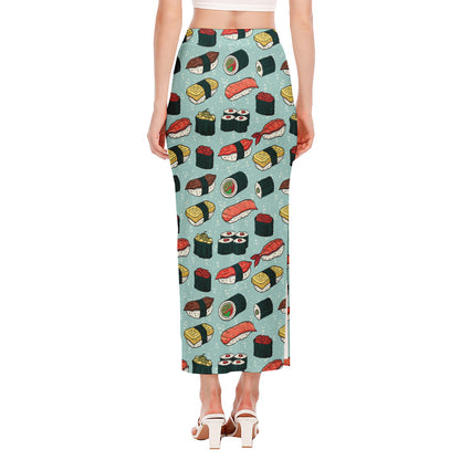 Colorful Sushi And Rolls Pattern Print Side Slit Maxi Skirt