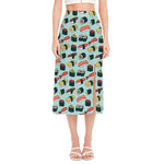 Colorful Sushi And Rolls Pattern Print Side Slit Midi Skirt