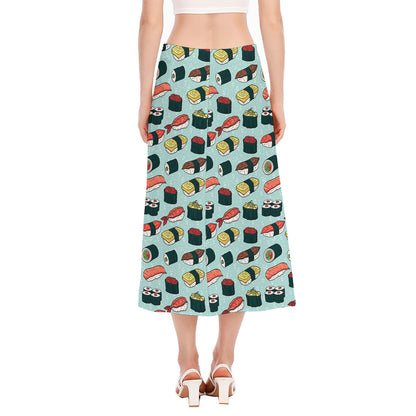 Colorful Sushi And Rolls Pattern Print Side Slit Midi Skirt
