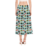 Colorful Sushi And Rolls Pattern Print Side Slit Midi Skirt