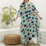 Colorful Sushi And Rolls Pattern Print Silk V-Neck Kaftan Dress
