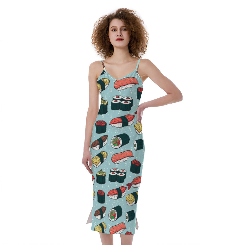 Colorful Sushi And Rolls Pattern Print Slim Fit Midi Cami Dress
